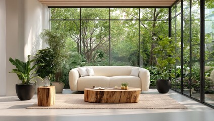Light-filled modern living room with a lush garden view