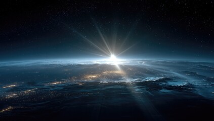 Earth rising, sunburst over continents.  Vast expanse of space,  streaked with stars, and a brilliant sunrise above a cloud-covered planet.  City lights visible on the earth