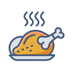 Stylized whole roasted chicken on plate with steam effect