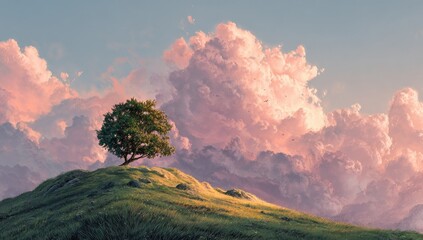 Solitary tree atop a grassy hill, dramatic pink clouds