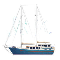 Fototapeta premium Classic blue two-masted ketch motorsailer yacht in a detailed side profile illustration isolated on white background