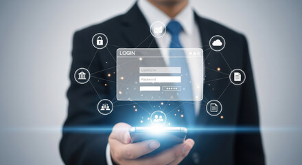 A businessman holding smartphone with login interface, digital security icons, network connection, and data protection concept, modern technology and cybersecurity innovation