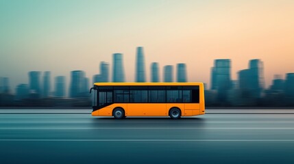 Bright Yellow Bus Driving Past Modern City Skyline at Sunset in Urban Environment