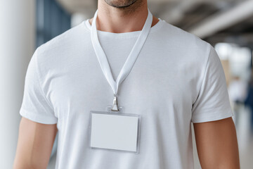 A close-up view of a man wearing a blank name tag around his neck. The scene is set indoors, suggesting a business conference or event. The image emphasizes professionalism and identification.