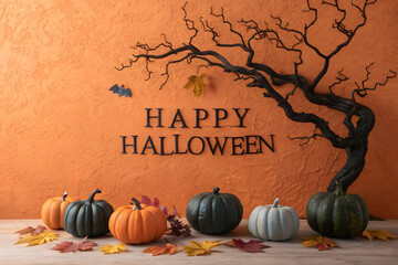 Happy halloween message with pumpkins and spooky tree decoration