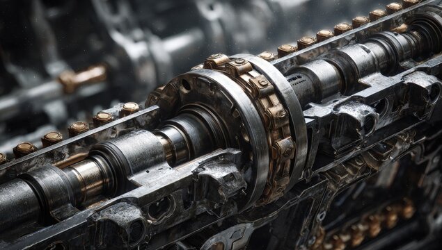 Close-up of complex engine components