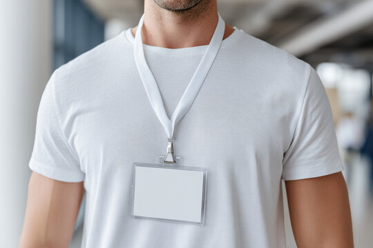 A close-up view of a man wearing a blank name tag around his neck. The scene is set indoors, suggesting a business conference or event. The image emphasizes professionalism and identification.