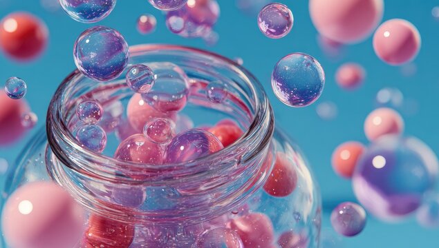Glass jar filled with vibrant pink and purple orbs, surrounded by floating bubbles against a bright blue backdrop