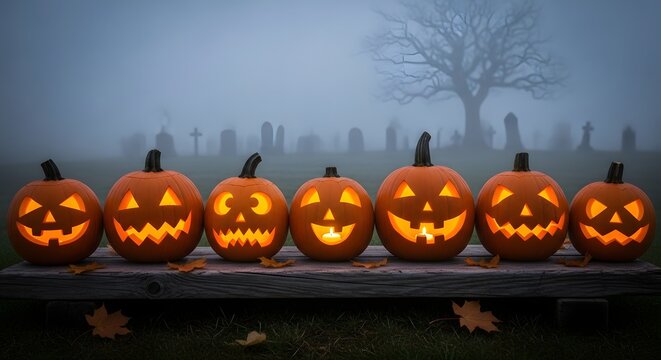 Row of glowing carved halloween pumpkins with spooky faces lined up on a wooden surface in foggy twilight