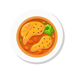 Overhead cartoon chicken stew with vegetables in white bowl