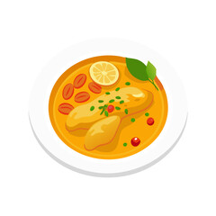 Vector cartoon illustration of chicken stew with lemon garnish