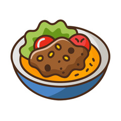 Bowl of stew with lettuce and tomato illustration