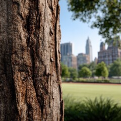 Close-up tree trunk, city park backdrop