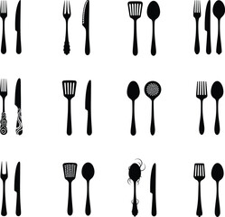 Set of cutlery and kitchen utensils icons including forks, knives, spoons, spatulas, and decorative handles for cooking and dining.