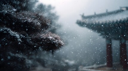 Gentle snow falls on pine branches with a traditional Asian temple softly blurred in the winter background creating a serene and picturesque scene
