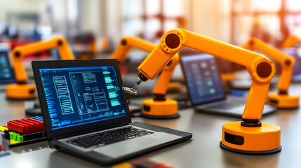 Robotic Arms and Laptops in a High-Tech Laboratory Setting