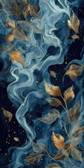 Abstract art featuring flowing,  blue-toned liquid swirls, interspersed with golden-hued, delicate leaves.  A dark background of  stars adds depth