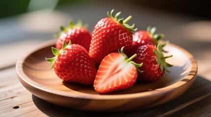 Fresh, juicy strawberries on a wooden plate