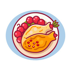 Flat vector illustration of chicken on plate with cherries
