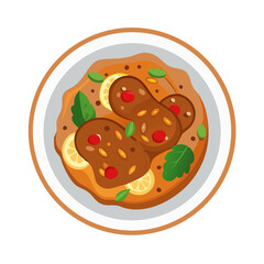 Colorful vector illustration of savory stew with sausages and lemon