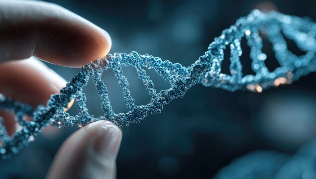 Close-up of a hand holding a 3D model of DNA