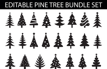 Silhouettes of various evergreen trees in a forest