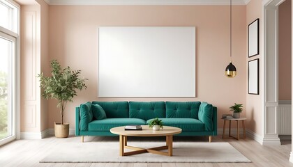 Fototapeta premium Bright Modern Living Room with Large Blank White Canvas Mockup Over Teal Velvet Sofa on Pastel Peach Wall