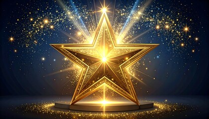 A golden star with sparkling light effects sits atop a pedestal, radiating a celebratory mood.