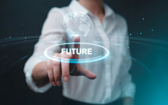 Businesswoman hand touching glowing "FUTURE" button with global icon, symbolizing innovation, worldwide vision, and strategic development.