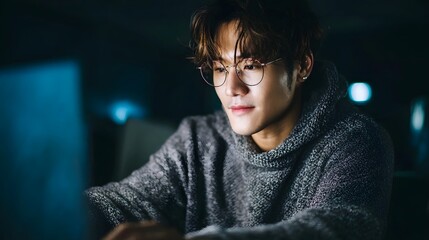Young person wearing glasses diligently works on a laptop in a dimly lit modern indoor setting illuminated by the screen s glow