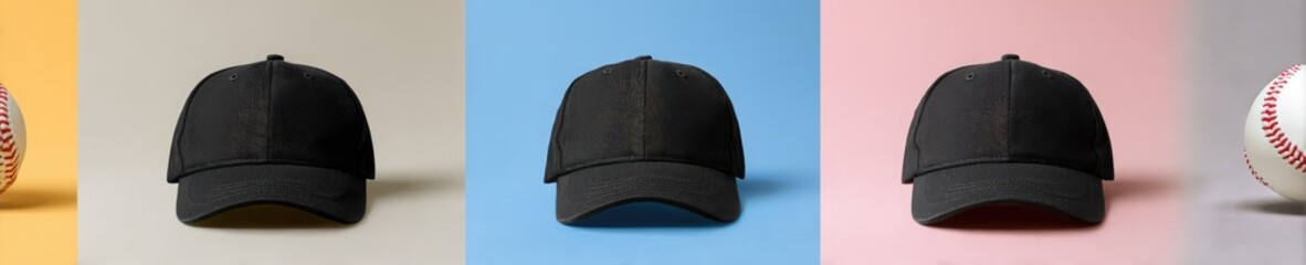 Four black baseball caps and a baseball on a colored background