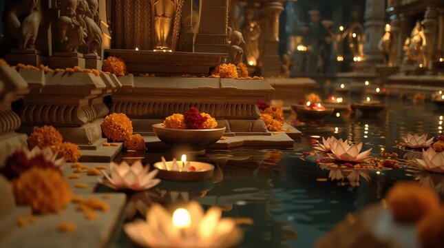 Floating diya candles and flowers in a hindu temple