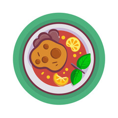 Illustration of hearty soup with garnish in a bowl