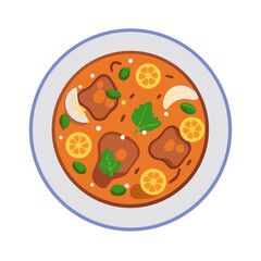 Stylized bowl of stew or soup served on plate
