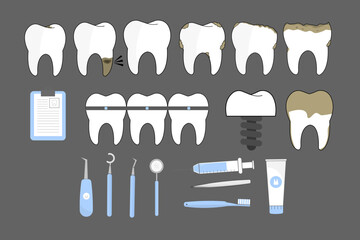 Dental Clipart Set with Teeth, Toothbrush, Toothpaste and Medical Icons