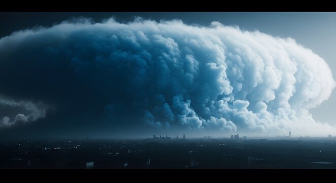Dramatic Cumulonimbus Cloud Formation Over Cityscape with Ominous Weather Conditions