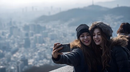 Two cheerful young women capture a selfie with a scenic urban panorama and distant mountains from a high viewpoint enjoying their winter travel