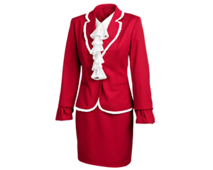 Red skirt suit with white trim and ruffled blouse isolated on a transparent background 1