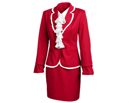 Red skirt suit with white trim and ruffled blouse isolated on a transparent background 1