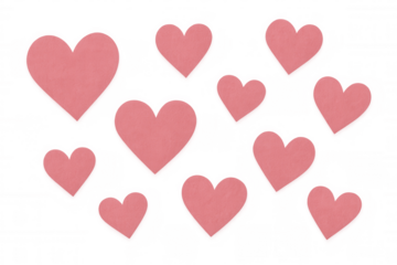 Pink paper hearts varying in size, suspended against transparent backdrop, symbolizing love and romance for valentine's design