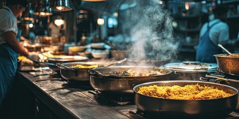 Large Pots of Hot Food Steaming on a Restaurant Counter.
