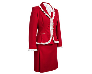 Red skirt suit with white trim and ruffled blouse isolated on a transparent background