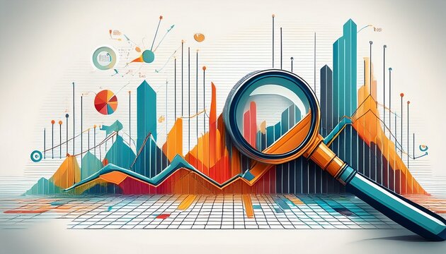 charts and graphs with a magnifying glass on a white background