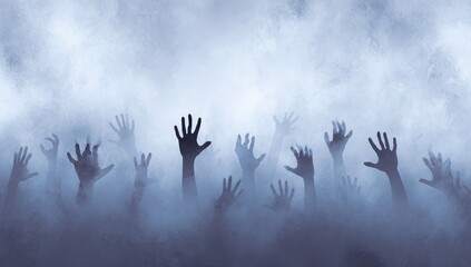 Many shadowy hands reaching upwards from a misty, ethereal landscape