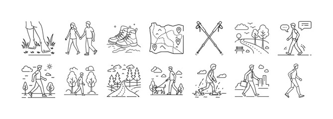 Set of hiking and outdoor adventure line icons - Collection of line icons depicting hikers, trekking gear, nature trails, maps, and outdoor activities, ideal for travel and adventure designs.