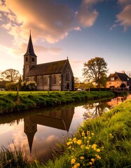 Naklejka premium A tranquil rural scene at sunset, showcasing a historic church reflected serenely in a canal, framed by vibrant greenery and a soft golden light.