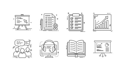 Education and training line icons collection - Set of outlined icons representing education, online learning, training, teamwork, research, presentations, and knowledge sharing in modern study environ