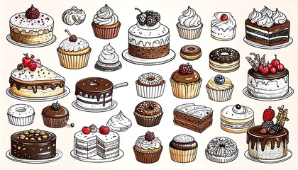 A collection of delectable pastries, cakes, and cupcakes, drawn with detailed linework and showcasing various sweet treats.