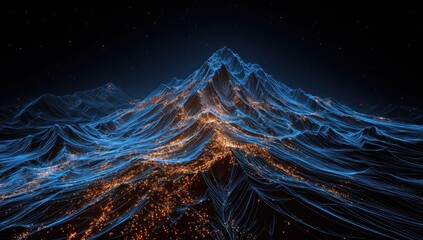 Digital mountain range at night, glowing with vibrant light