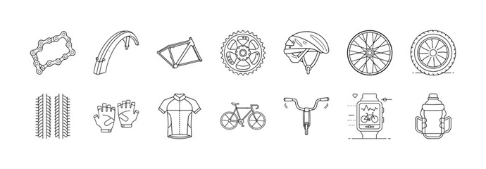 Bicycle parts and accessories outline icons set - Collection of black and white line icons showing different bicycle components and cycling gear, including wheels, helmets, pedals, frames, tires